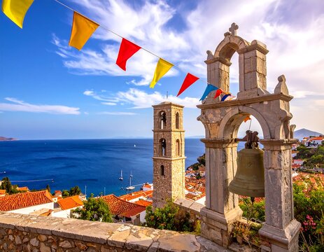 A scenic coastal town with a stone bell tower and colorful flags