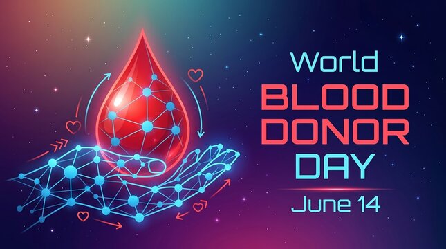 World Blood Donor Day June 14 banner, glowing digital blood drop on wireframe hand, medical donation concept with futuristic neon aesthetic