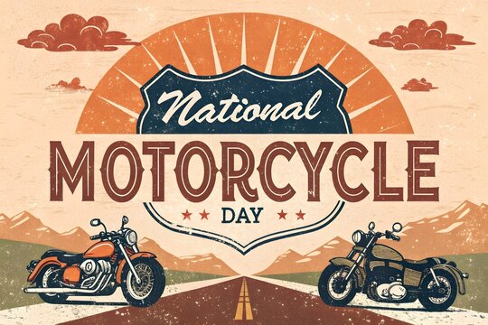 National motorcycle day retro americana poster featuring vintage bikes on an open road with mountain background in a classic distressed graphic illustration