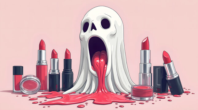 a screaming white phantom melts into glossy pink liquid texture alongside various red lipsticks and cosmetic jars against a clean pastel backdrop