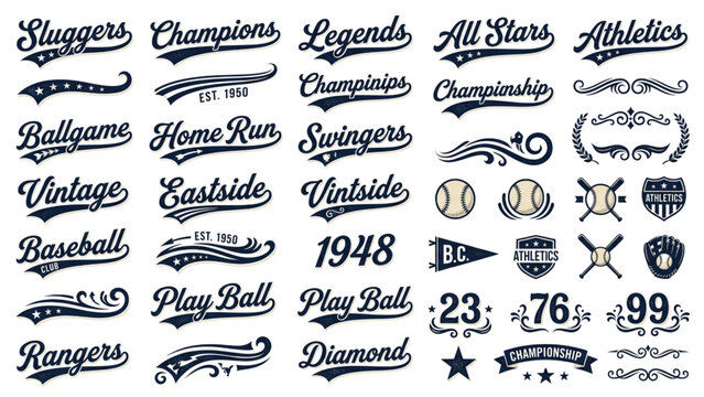 Vintage Baseball Script Lettering Collection with Retro Wave Tails, Athletic Underlines, Championship Flourishes and Classic Sports Logo Elements Vector Set