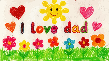 Colorful children's drawing, kid's artwork, Father's Day illustration, hand-drawn flowers