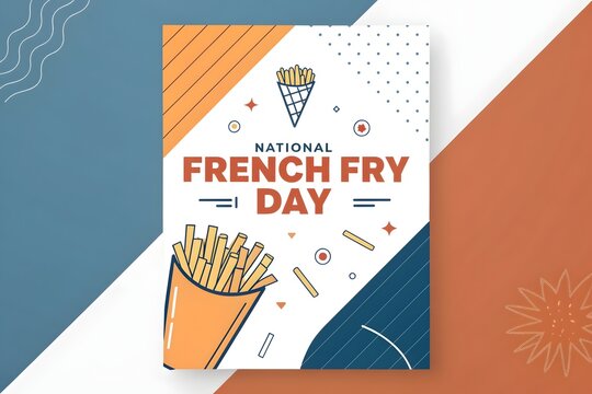 National french fry day flat vector poster design featuring stylized potato fries in a paper cone with modern geometric patterns