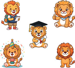 Fototapeta premium Cute Cartoon Lion Character Set, School, Graduation, and Birthday Celebration Vector Illustrations