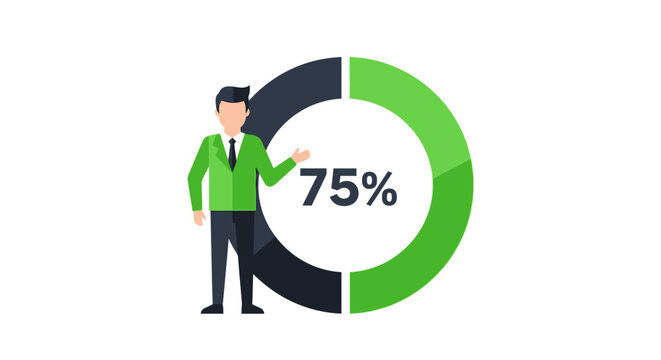 Businessman Standing Next to 75 Percent Donut Chart Infographic, Growth and Progress Data Visualization Flat Vector Illustration