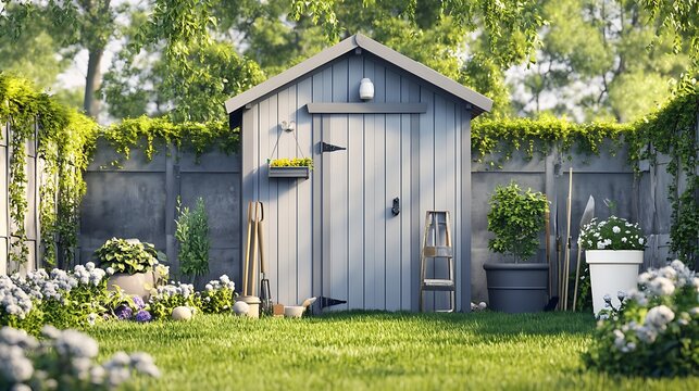 Serene backyard garden shed with lush greenery and vibrant flowers