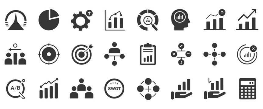 Analytics Icon Set Featuring Data Analysis Metrics KPI ROI Segmentation AB Testing Charts Reports and Performance Solid Black Icons