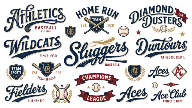 Old School Baseball Typography Vector Set Featuring Classic Script Logos, Flowing Wave Tails and Sporty Underline Banners