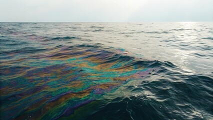 Obraz premium Ocean water surface with visible oil slick reflecting rainbow colors under a cloudy sky.