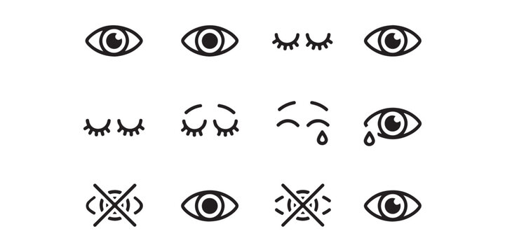 Eye and eyelid icon set representing visibility, sleep, and crying states for user interface and graphic design.