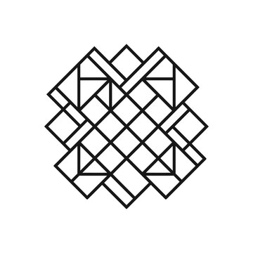 Abstract geometric pattern icon with interwoven square and triangles.