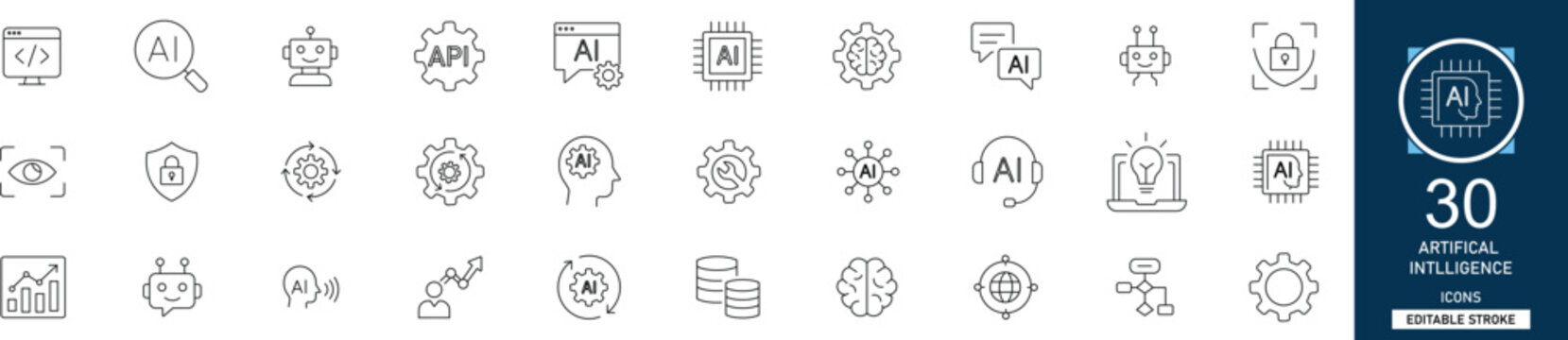 Artificial intelligence line icon set with 30 icons ai, robot, neural network, machine learning, data, brain, automation, future technology. Clean linear vector, editable stroke.