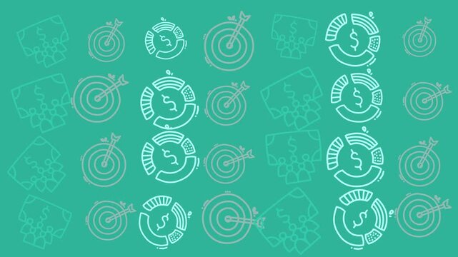 Teal background features white icons of targets, clocks, and dollar signs. Symbols suggest goals, time, and money. Pattern repeats in a clean, modern layout. Ideal for business, finance