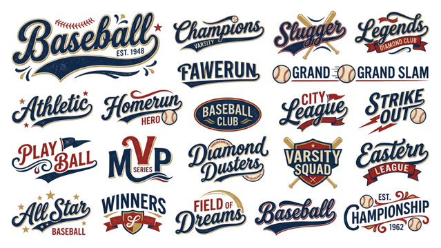 Vintage Baseball Script Lettering Vector Set with Retro Wave Tails, Athletic Underlines, Baseball Seam Accents and Varsity Sports Branding Elements