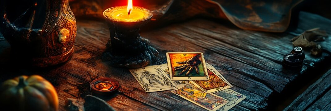 Mystical tarot reading setup with illuminated candle and antique objects on rustic wood