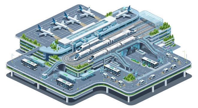 Isometric modern airport terminal and transportation hub illustration.
