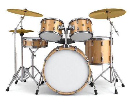 A professional drum kit with five drums and two cymbals on stands