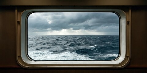 Fototapeta premium View of a cloudy sky and rough ocean waves seen through a ship's rectangular porthole window.