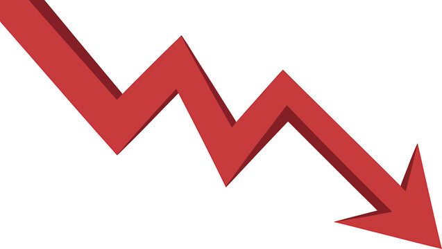 Red downward trending arrow graphic representing financial loss or stock market decline on transparent background. Vector illustration