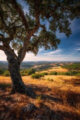 Fototapeta premium Cork oak tree on rolling hills in Alentejo landscape during sunset