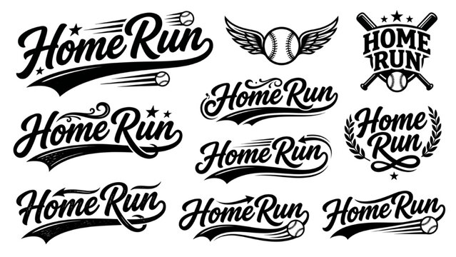 Home Run Script Design Vector Collection with Dynamic Baseball Lettering and Elongated Tail Flourishes