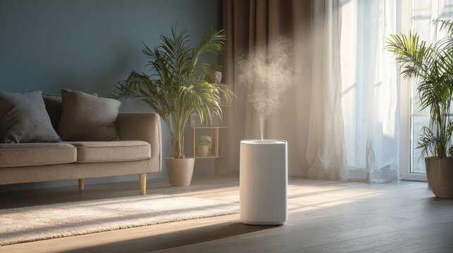 Air purifier a living room, air cleaner removing fine dust in house. protect PM 2.5 dust and air pollution concept