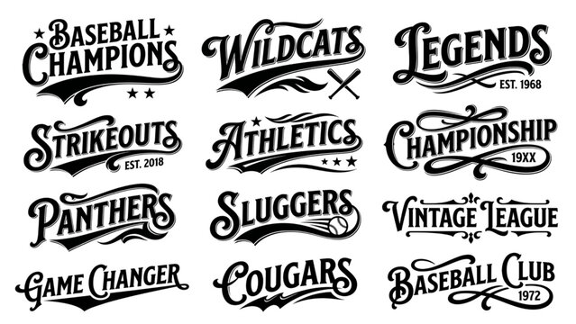 Vintage Baseball Script Lettering Vector Set with Retro Wave Tails and Athletic Typographic Underlines