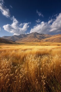 Golden grassland landscape under blue sky in Zagros plateau, Iran