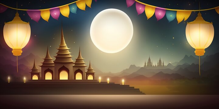 Evening Festival Scene with Illuminated Southeast Asian Temples, Floating Lanterns, Colorful Bunting, and a Large Moon