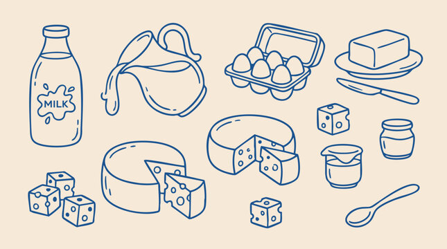 Dairy products and eggs blue line illustration on a beige background
