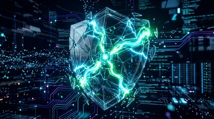Obraz premium Abstract digital fractal realm with glowing waves, symmetric grids, and flowing data patterns in a futuristic cyberspace backdrop