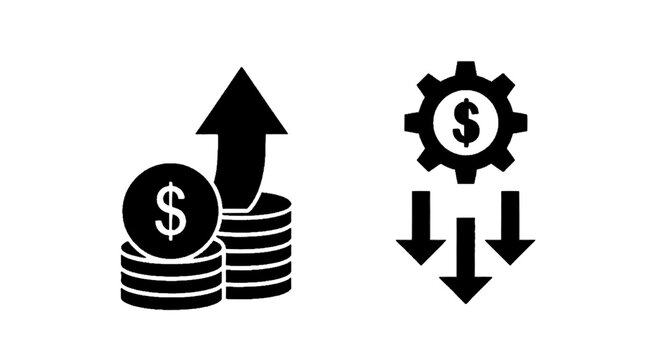 Minimal black silhouette icon, simple flat vector, bold black shape, no, no shading icon set of financial growth and cost reduction on a, flat icon style
