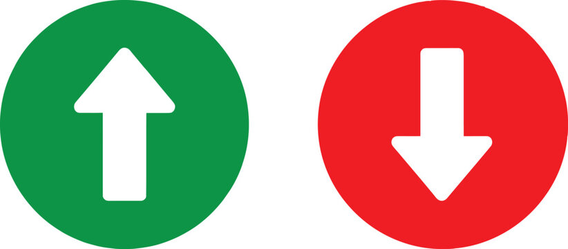 Green up arrow and red down arrow circle icons set for navigation and business direction