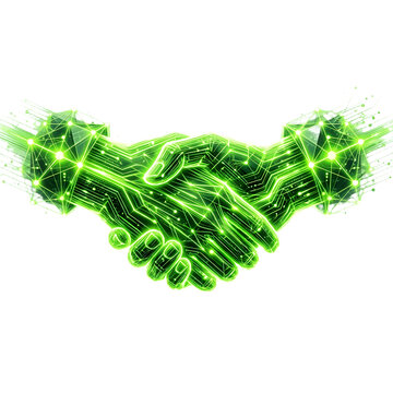 Stylized Handshake Made Glowing Neon Green Light On Transparent Background