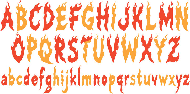 Alphabet letters stylized as fire flames in warm colors, uppercase and lowercase fonts illustration. Vector illustration