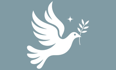 Fototapeta premium White dove flying with olive branch in beak on blue background with sparkles symbolizing peace and harmony in nature