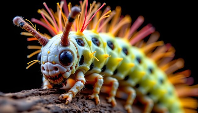 The image features a close up of a brightly colored caterpillar with a striking appearance, crawling onto a textured surface