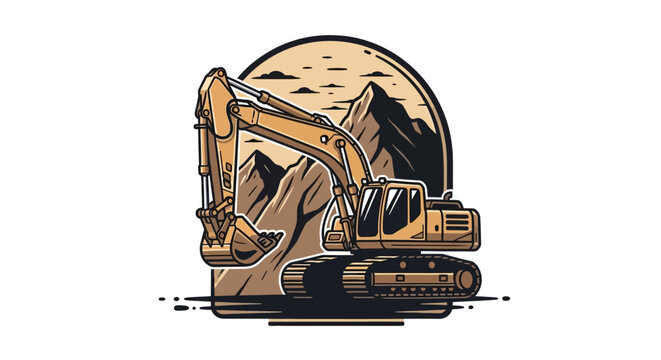 Robust Construction Excavator Emblem Illustrating Heavy Earthmoving Machinery in a Rugged Mountain Landscape Design for Industrial Projects