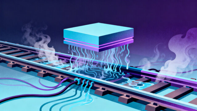 Floating cube emitting energy streams over railway tracks with glowing wires and vapor effects