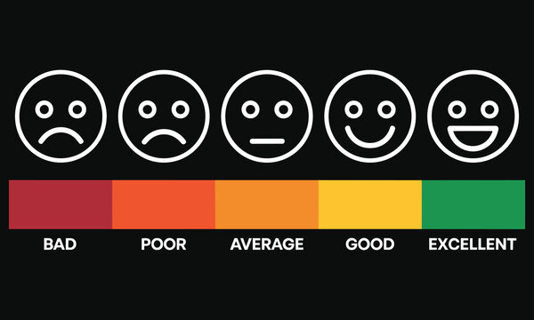Five emoticon faces with ratings from bad to excellent on a colorful scale