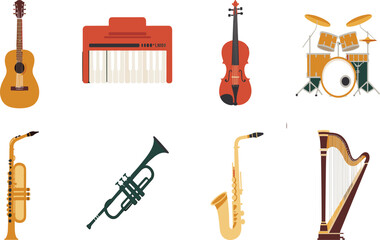 Fototapeta premium Colorful Musical Instruments Illustration Featuring Guitar, Keyboard, Violin, Drum Set, Clarinet, Trumpet, Saxophone, and Harp