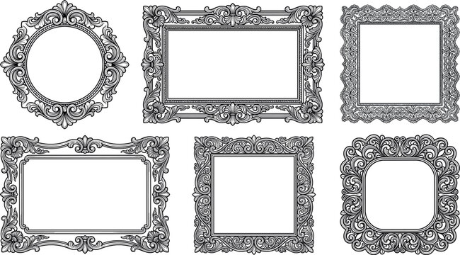 Vintage Baroque Frame Vector Collection Featuring Black Ornate Borders Classical Filigree Scrollwork Elegant Victorian Luxury Corner Borders and Antique Picture Edges