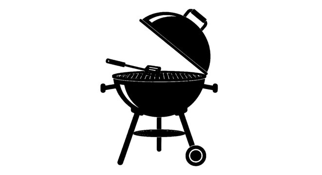 Minimal black silhouette icon, simple flat vector, bold black shape, no, no shading black silhouette of a charcoal kettle grill with a spatula on the grate on a, flat icon style