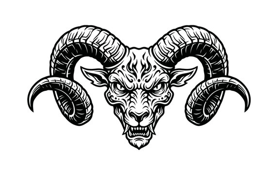 Fierce Ram Head With Ornate Curving Horns, A Symbol of Strength and Determination
