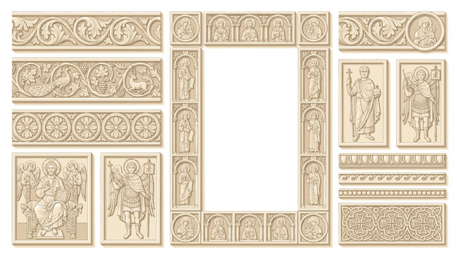 Byzantine Ivory Diptych Carved Relief Border Frame Vector Set with Christ Enthroned Consular Figure Vine Scroll Peacock Archangel Virgin Child and Sacred Design