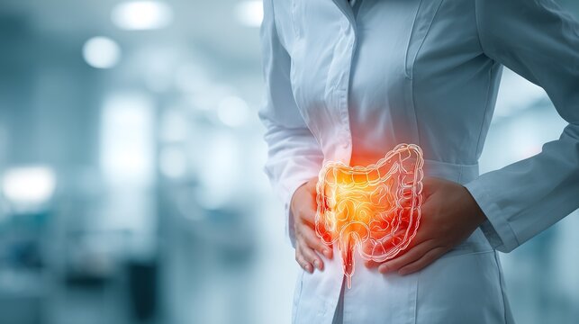Realistic 3D anatomical visualization of acute appendicitis presenting swollen inflamed appendix inside human abdominal cavity, revealing digestive tract lesions and inflammatory changes, 
