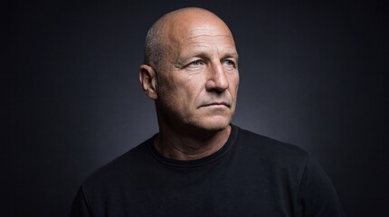 Fototapeta premium A senior Caucasian man with a bald head and serious expression. He wears a black shirt against a dark background. The focus is on his facial features and demeanor.