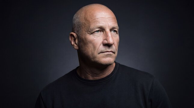 A senior Caucasian man with a bald head and serious expression. He wears a black shirt against a dark background. The focus is on his facial features and demeanor.