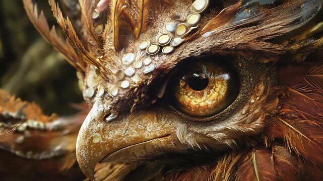 Mythical griffin's golden eye blinking slowly in an extreme close-up view, showing intricate details of its feathers, beak, and piercing stare, symbolizing power and ancient magic