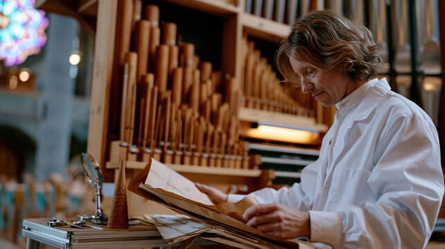 Pipe organ restorer elderly craftsman adjusts bellows leather in desolate cathedral crypt workshop, early morning light through narrow windows illuminating dust on centuries-old wind supply componen